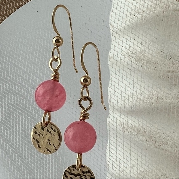 Artisan Gold Dangle Earrings with Pink Jade Beads - Picture 4 of 14